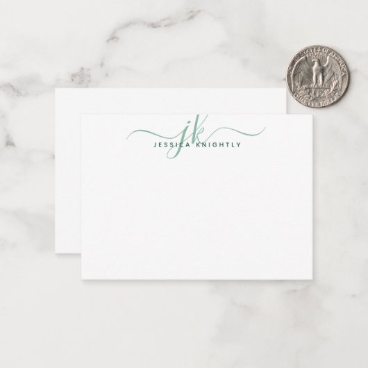 Modern Monogram Initial Script Green Note Mitteilungskarte (Vorderseite/Rückseite Beispiel)