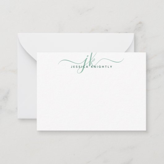 Modern Monogram Initial Script Green Note Mitteilungskarte (Vorderseite)