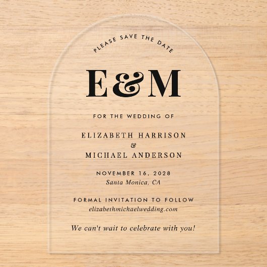 Modern Monogram Initials Arch Save the Date Acryleinladungen (Vorderseite)