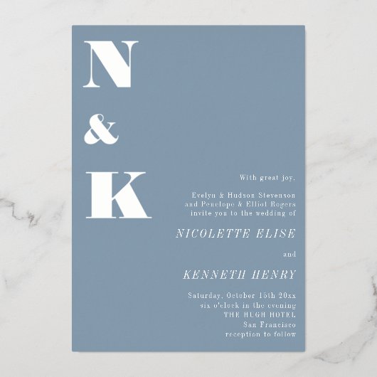 Modern Monogram Initials Dusty Blue Bold Wedding  Folieneinladung (Vorderseite)