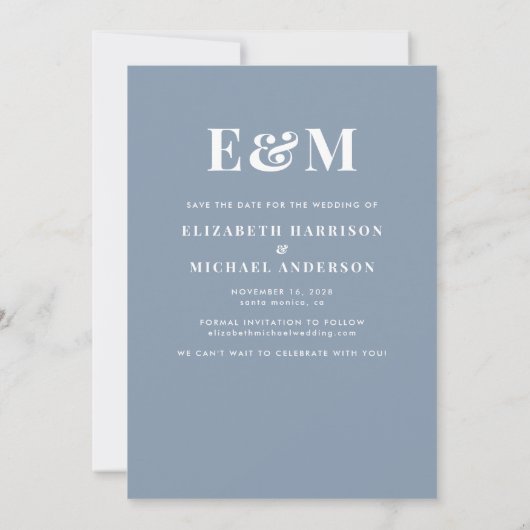 Modern Monogram Initials Foto Dusty Blue Save The Date (Rückseite)