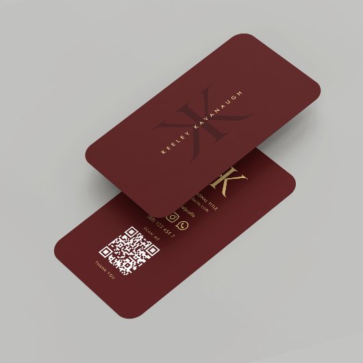 Modern Monogram K Red Maroon Gold Beruflich Visitenkarte