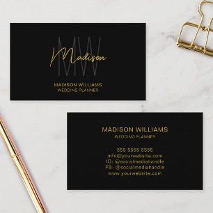 Modern Monogram Logo Black Gold Wedding Planner Visitenkarte
