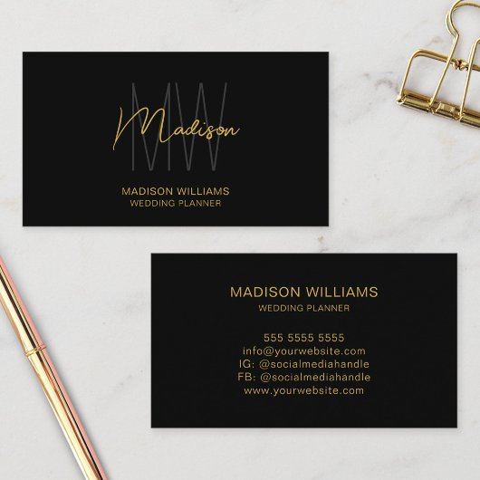 Modern Monogram Logo Black Gold Wedding Planner Visitenkarte