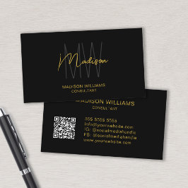 Modern Monogram Logo QR Code Black Gold Consultant Visitenkarte