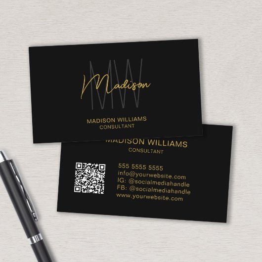 Modern Monogram Logo QR Code Black Gold Consultant Visitenkarte