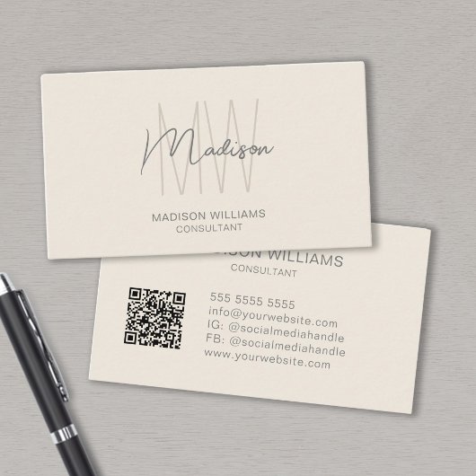 Modern Monogram Logo QR Code Cream Tan Consultant Visitenkarte