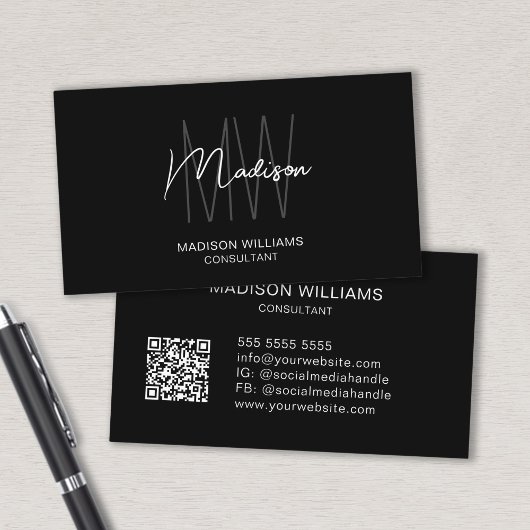 Modern Monogram Logo QR Schwarz-weiß Consultant Visitenkarte