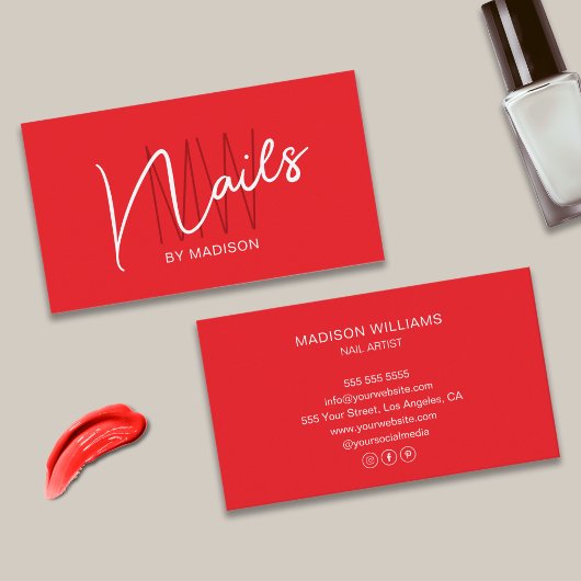 Modern Monogram Logo Red Nail Artist Visitenkarte