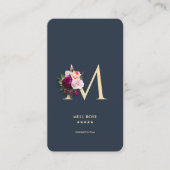 Modern Monogram M Floral Dark Blue Gold Visitenkarte (Vorderseite)