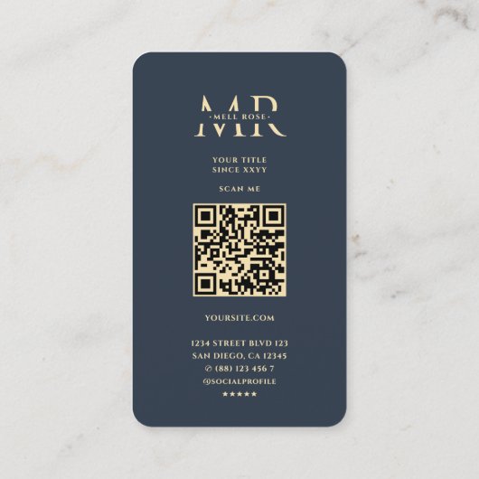 Modern Monogram M Floral Dark Blue Gold Visitenkarte (Rückseite)