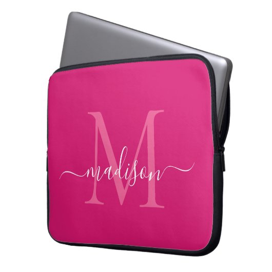Modern Monogram Magenta Pink Girl Script Name Laptopschutzhülle (Vorderseite Links)