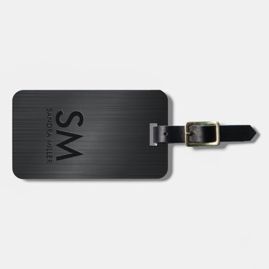 Modern Monogram minimal black metallic texture Gepäckanhänger (Vorderseite horizontal)