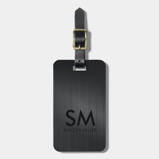 Modern Monogram minimal black metallic texture Gepäckanhänger (Vorderseite vertikal)