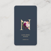 Modern Monogram N Floral Dark Blue Gold Visitenkarte (Vorderseite)
