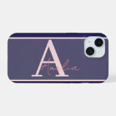 Modern Monogram Name Blue Pink iPhone 15 Hülle (Rückseite (Horizontal))
