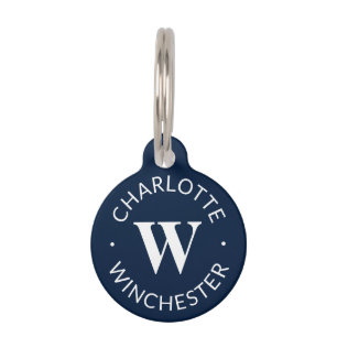 Modern monogram name Info dunkelblau blau weiß Haustiermarke