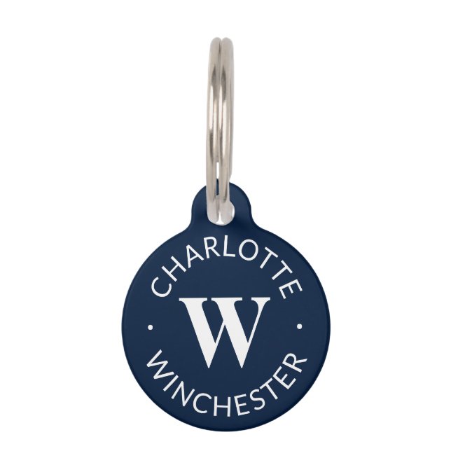 Modern monogram name Info dunkelblau blau weiß Haustiermarke (Vorderseite)