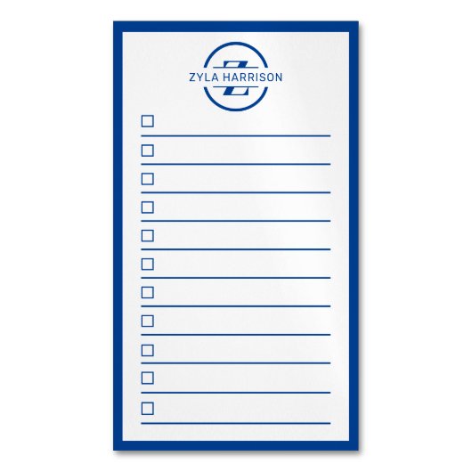 Modern Monogram Name Navy Blue To Do List Magnetische Visitenkarte (Vorderseite Vertikal)