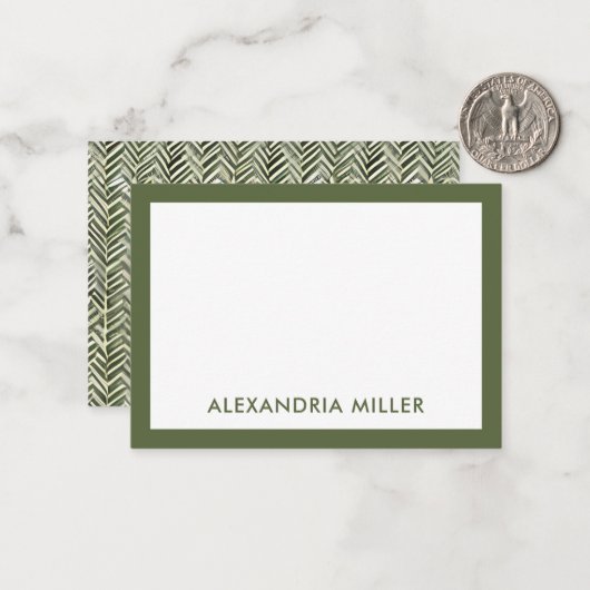Modern Monogram Name Olive Herringbone Mitteilungskarte (Vorderseite/Rückseite Beispiel)