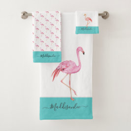 Modern Monogram Name Pink Flamingo Aquamarin Aqua  Badhandtuch Set