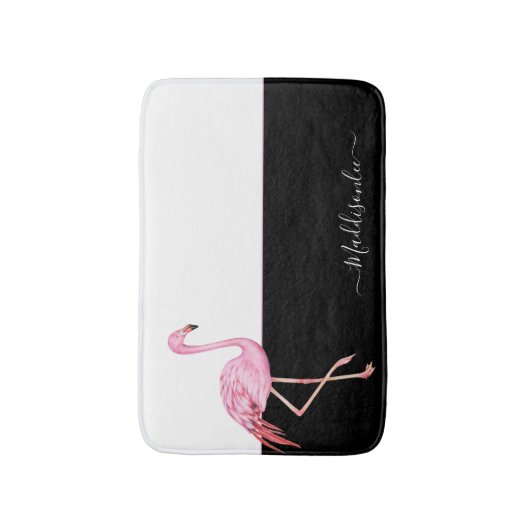 Modern Monogram Name Pink Flamingo Black Badematte (Vorderseite Vertikal)