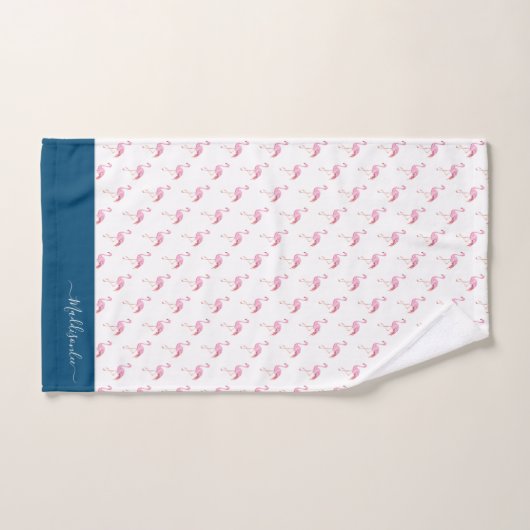 Modern Monogram Name Pink Flamingo Blue Badhandtuch Set (Handtuch)