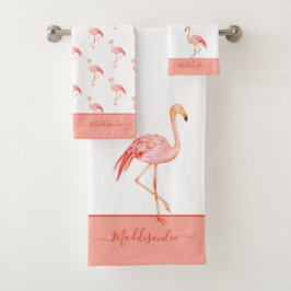 Modern Monogram Name Pink Flamingo Blue Bath Tow Badhandtuch Set