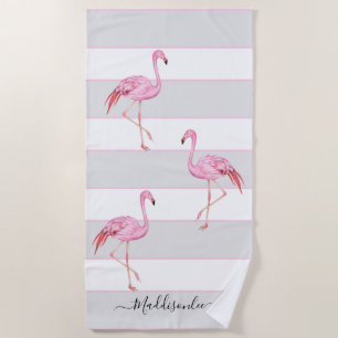 Modern Monogram Name Pink Flamingo Gray Strandtuch