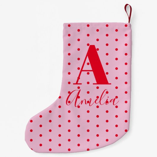 Modern Monogram Name Polka Dot Red Pink Kleiner Weihnachtsstrumpf (Rückseite)