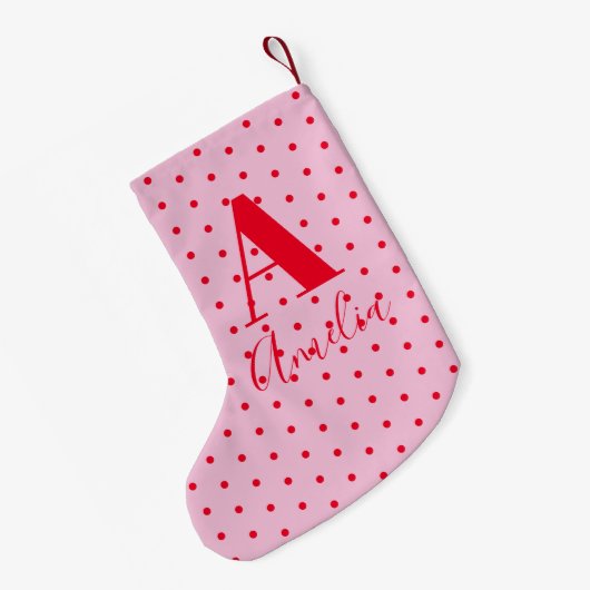 Modern Monogram Name Polka Dot Red Pink Kleiner Weihnachtsstrumpf (Rückseite (Hängend))