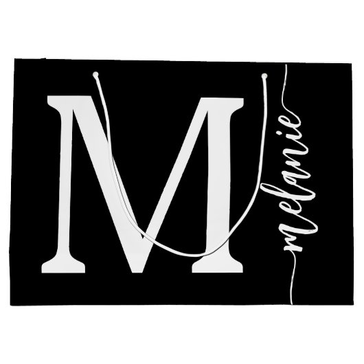 Modern Monogram Name Schwarz-weiß Script Große Geschenktüte (Rückseite)