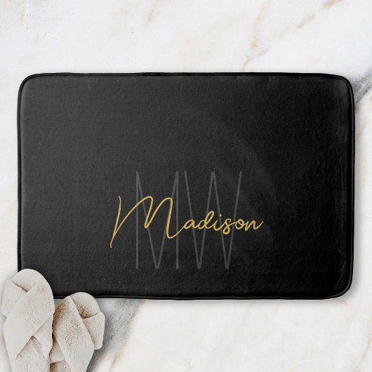 Modern Monogram Name Script Black Gold Badematte