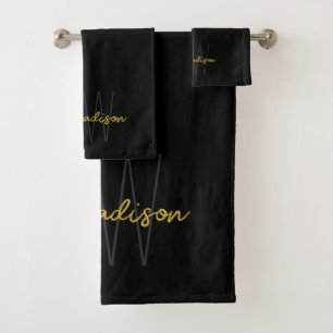 Modern Monogram Name Script Black Gold Badhandtuch Set
