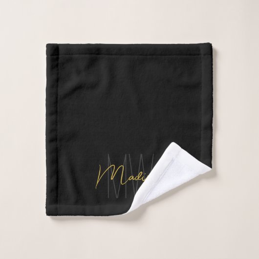 Modern Monogram Name Script Black Gold Badhandtuch Set (Waschlappen)