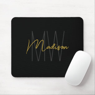 Modern Monogram Name Script Black Gold Mousepad