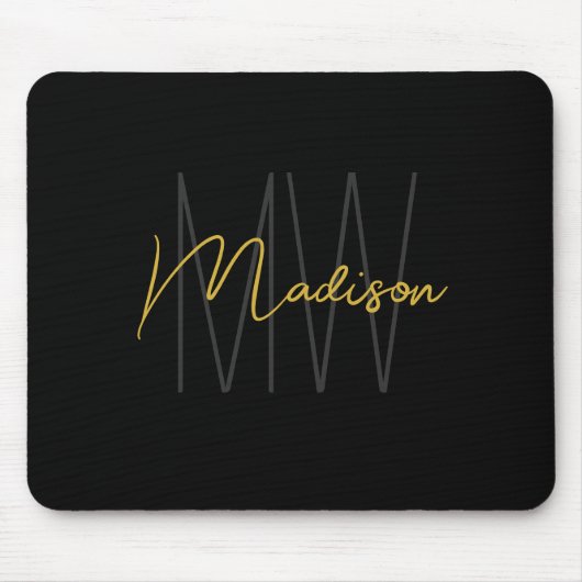 Modern Monogram Name Script Black Gold Mousepad (Vorne)