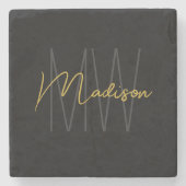 Modern Monogram Name Script Black Gold Steinuntersetzer (Vorderseite)