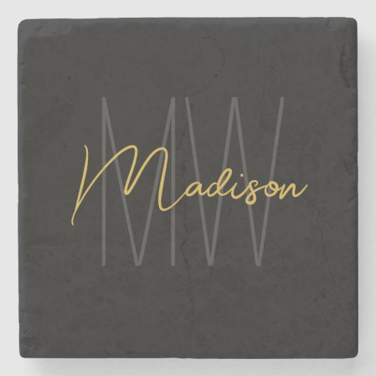 Modern Monogram Name Script Black Gold Steinuntersetzer (Vorderseite)