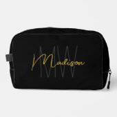 Modern Monogram Name Script Black Gold Waschbeutel (Vorderseite)