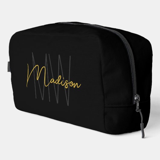 Modern Monogram Name Script Black Gold Waschbeutel (Rechte Ecke)