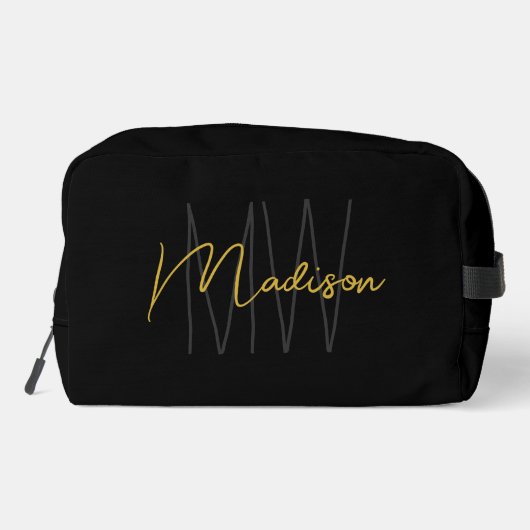 Modern Monogram Name Script Black Gold Waschbeutel (Rückseite)