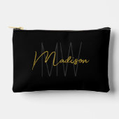 Modern Monogram Name Script Black Gold Zubehörtasche (Vorderseite)