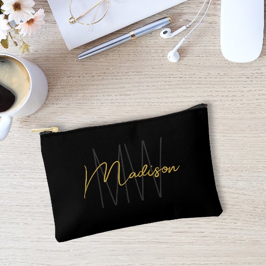 Modern Monogram Name Script Black Gold Zubehörtasche