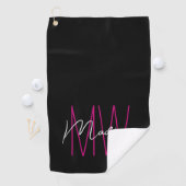 Modern Monogram Name Script Black Pink Golfhandtuch (Insitu)