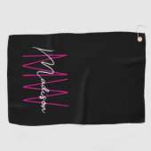 Modern Monogram Name Script Black Pink Golfhandtuch (Horizontal)