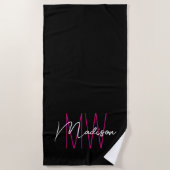 Modern Monogram Name Script Black Pink Strandtuch (Vorderseite)