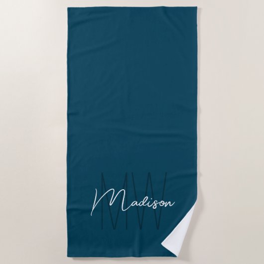Modern Monogram Name Script blau Strandtuch (Vorderseite)