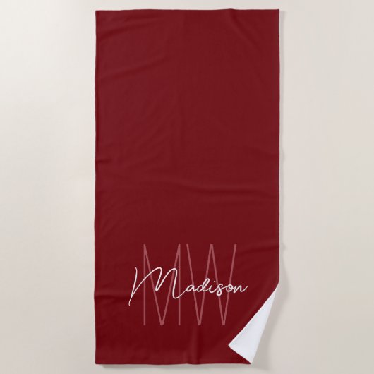 Modern Monogram Name Script Red Strandtuch (Vorderseite)