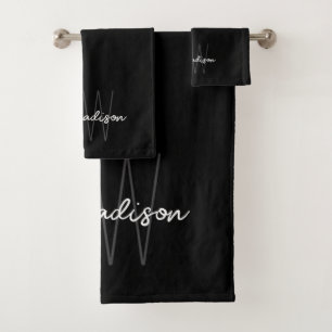Modern Monogram Name Script Schwarz-weiß Badhandtuch Set